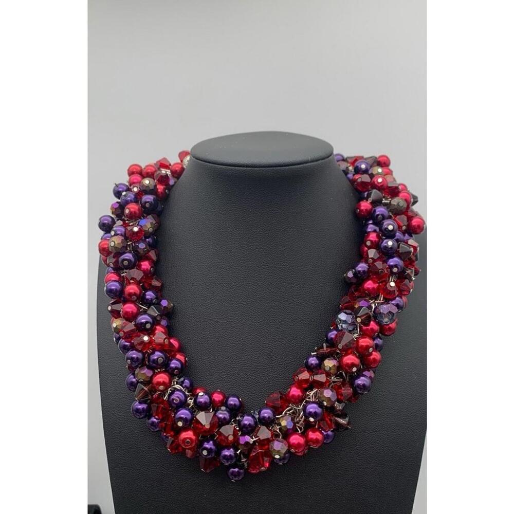 Purple And Dark Red Faceted And Smooth Heavily‎ Beaded Choker Necklace